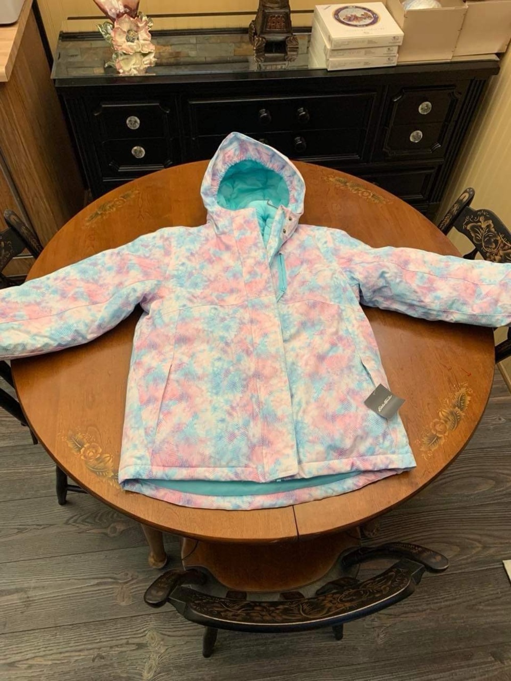 Eddie Bauer Kids Hooded Puffer Jacket - Pastel Pink & Light Blue Tie-Dye